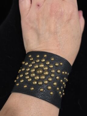 Vintage Wide Black Leather Bracelet with Antique Brass Studs